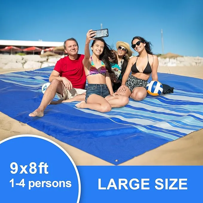 Mooreeke Beach Blanket Extra Large Oversized 9 x 8 ft, Blue Waves Sandproof Waterproof Quick Drying Lightweight Compact Outdoor Blanket Beach Mat for Family Travel Camping Picnic, 1-8 Adults