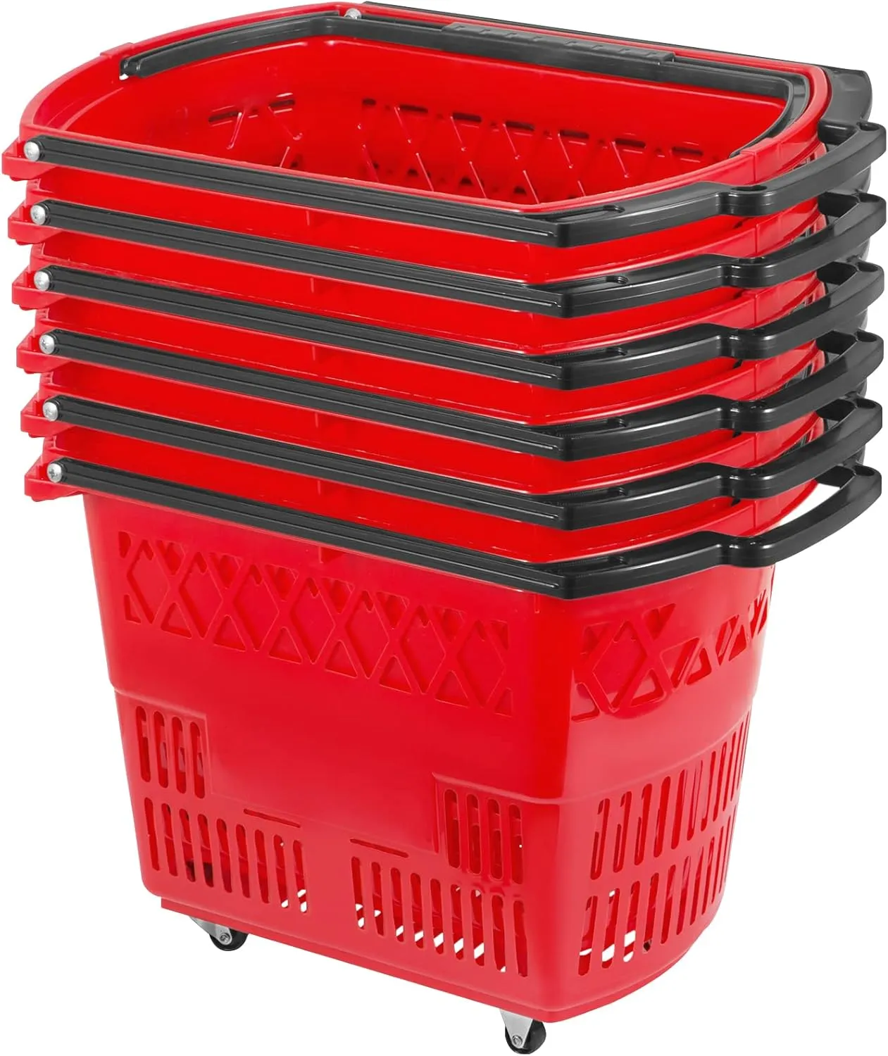 Mophorn 6PCS Shopping Carts, Plastic Rolling Shopping Basket with Wheels, Red Shopping Baskets with Handles, Portable Shopping Basket Set for Retail Store