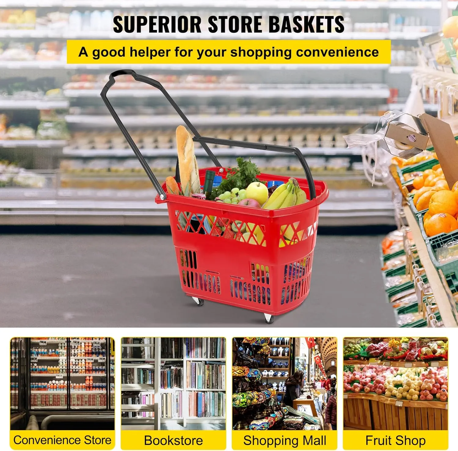 Mophorn 6PCS Shopping Carts, Plastic Rolling Shopping Basket with Wheels, Red Shopping Baskets with Handles, Portable Shopping Basket Set for Retail Store