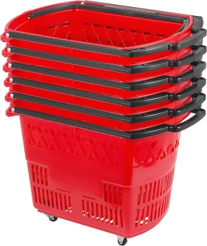 Mophorn 6PCS Shopping Carts, Plastic Rolling Shopping Basket with Wheels, Red Shopping Baskets with Handles, Portable Shopping Basket Set for Retail Store