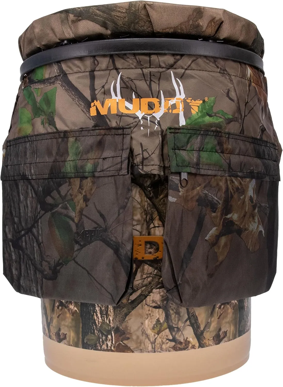 Muddy Sportsman's Bucket - Durable Lightweight Portable Versatile Ground Hunting Outdoor 5 Gallon Camo Pail with Accessory Pouch & Cushioned 360-Degree Spin-Top Seat