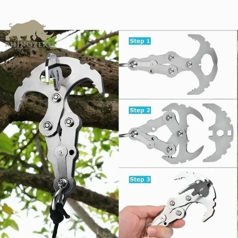 Multifunctional Stainless Steel Folding Grappling Hook - Outdoor Climbing and Survival Tool with Carabiner for Camping and EDC Gear