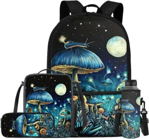 Mushroom Backpack for Girls Kids Backpack with Lunch Box Water Bottle Bag and Cute Pencil Case 4PCS Set Bookbag with Front Pocket for School Teens 17 inch Large Capacity School Bag for Boys