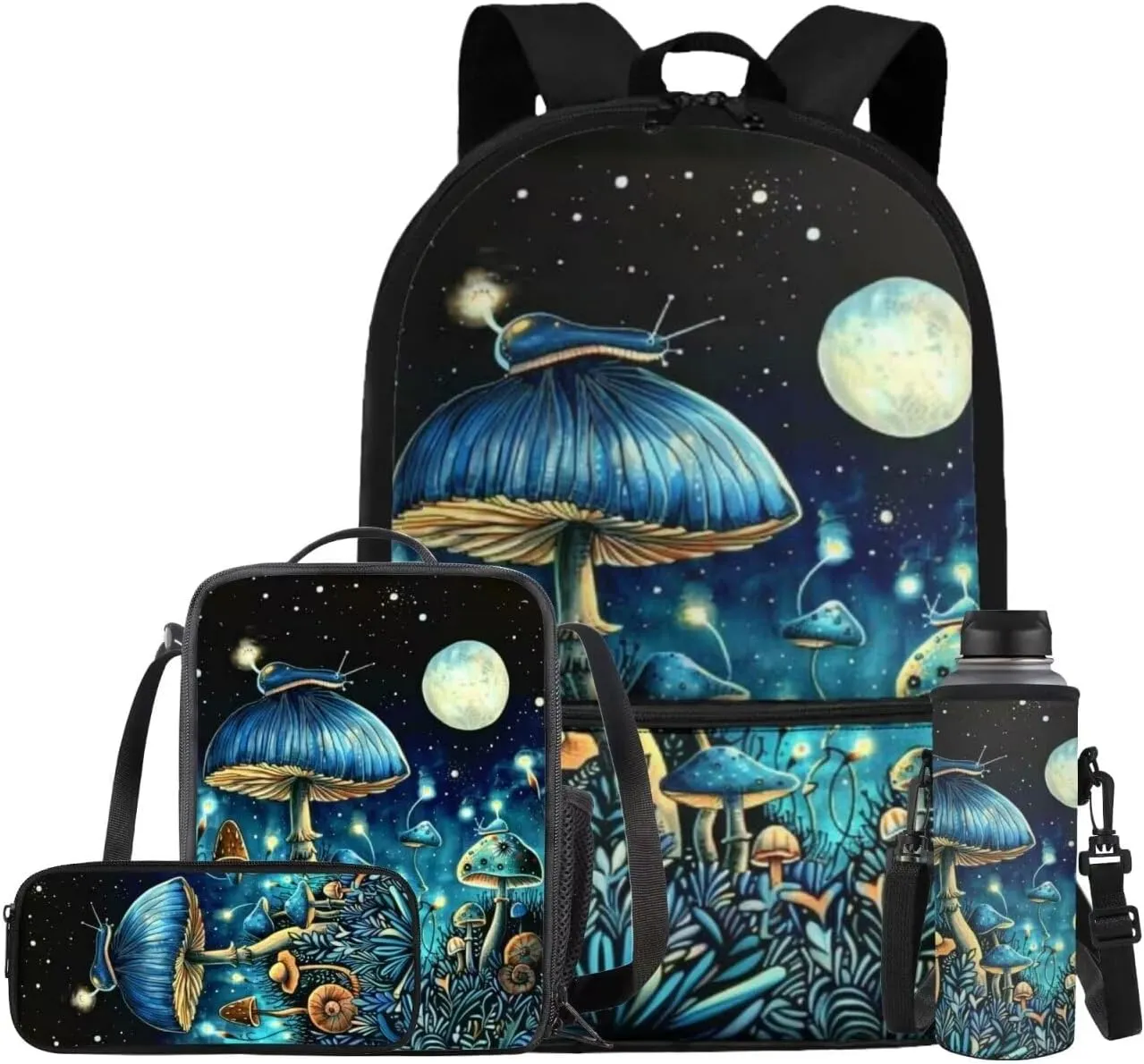 Mushroom Backpack for Girls Kids Backpack with Lunch Box Water Bottle Bag and Cute Pencil Case 4PCS Set Bookbag with Front Pocket for School Teens 17 inch Large Capacity School Bag for Boys