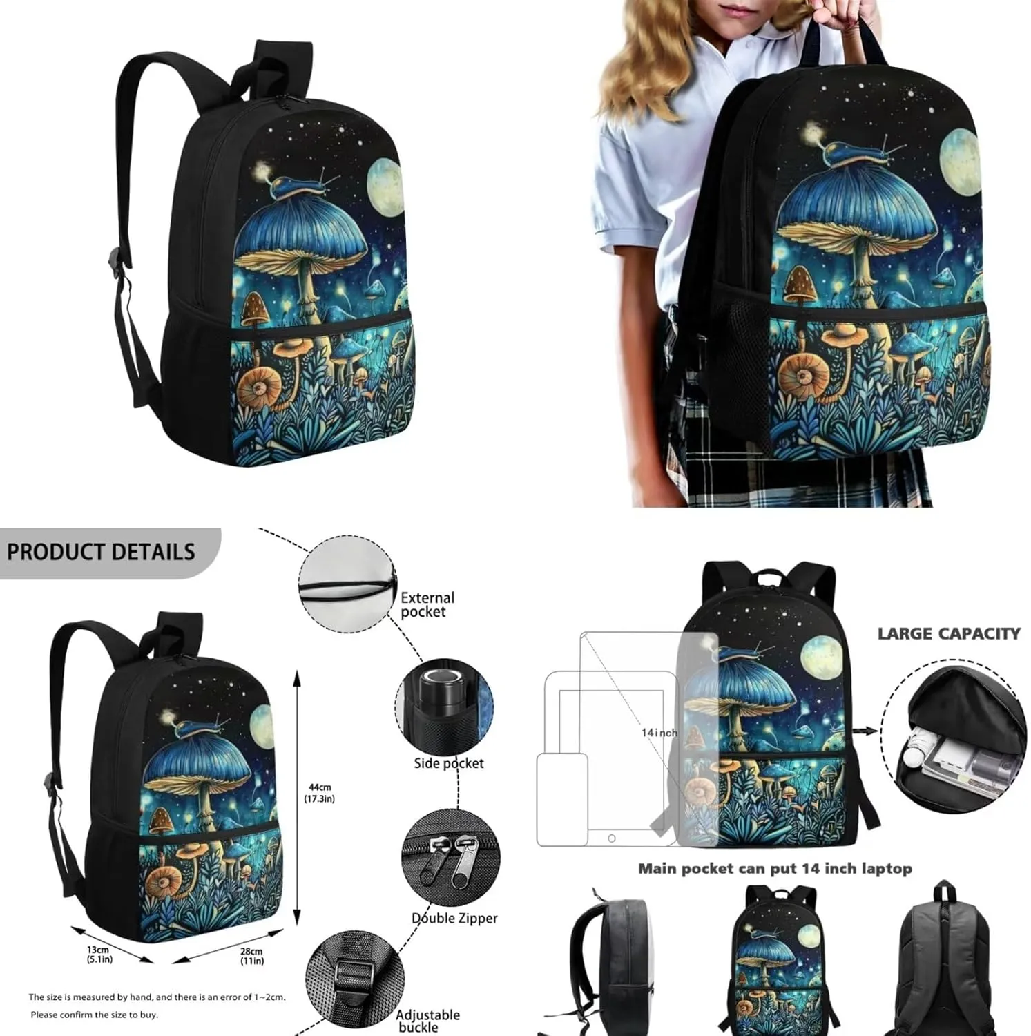 Mushroom Backpack for Girls Kids Backpack with Lunch Box Water Bottle Bag and Cute Pencil Case 4PCS Set Bookbag with Front Pocket for School Teens 17 inch Large Capacity School Bag for Boys
