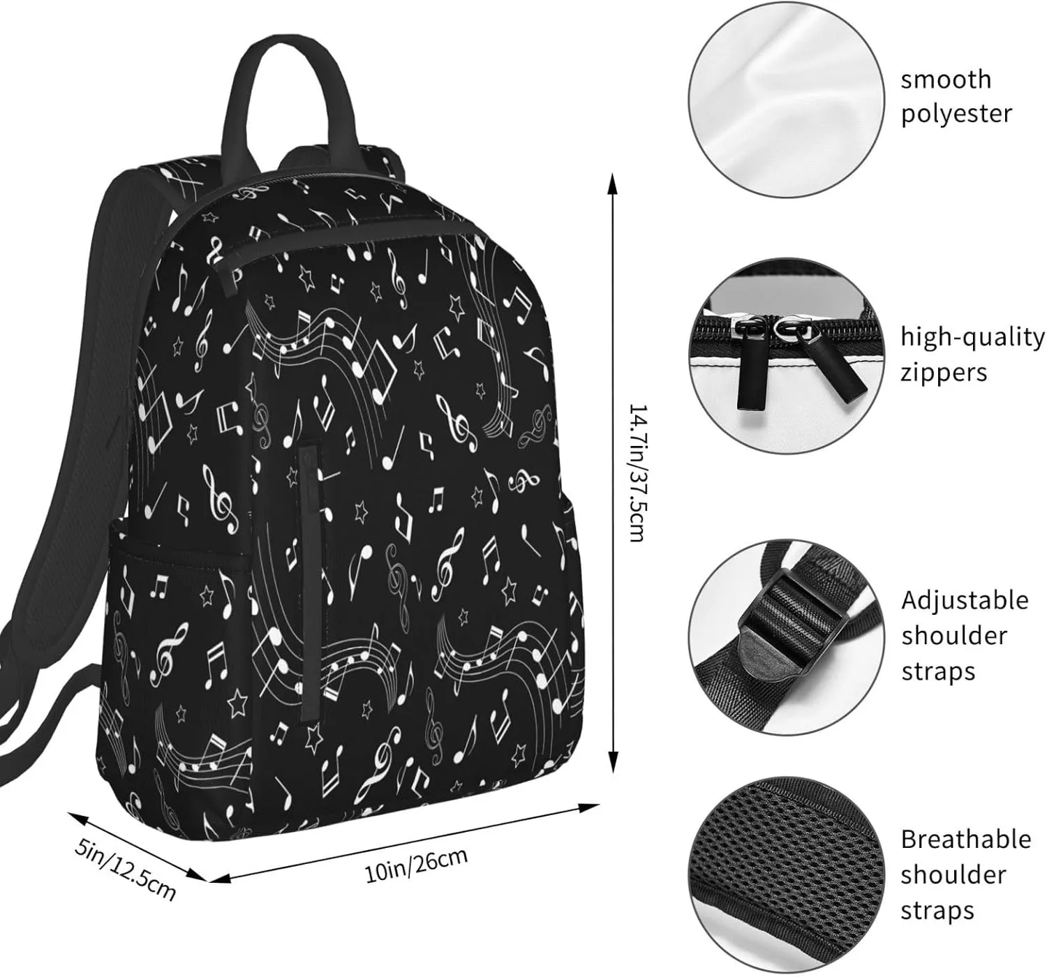 Music Notes Stars Casual Backpacks Large Capacity Laptop Backpack Sports Rucksack Travel Daypack Adjustable Shoulder Strap Work Bag for Outdoor Camping