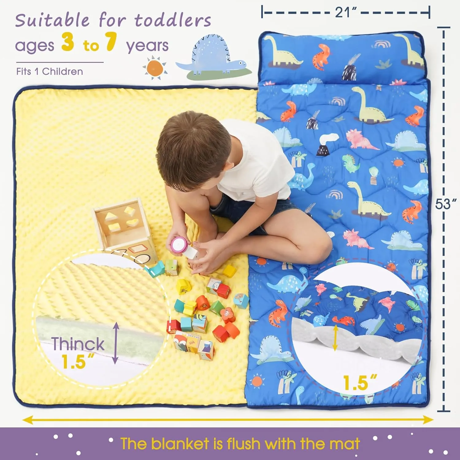 Nap Mat with Pillow Blanket Set: Sleeping Mats for Toddler Kids - Thick Large Roll up Slumber Bag for Daycare Preschool Kindergarten Boys Girls