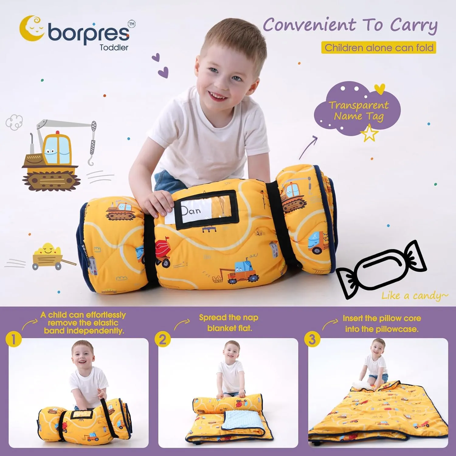 Nap Mat with Pillow Blanket Set: Sleeping Mats for Toddler Kids - Thick Large Roll up Slumber Bag for Daycare Preschool Kindergarten Boys Girls