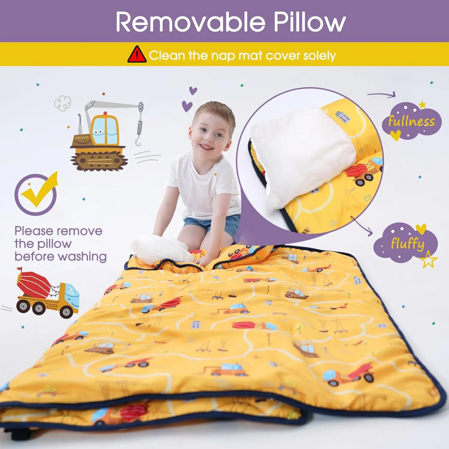 Nap Mat with Pillow Blanket Set: Sleeping Mats for Toddler Kids - Thick Large Roll up Slumber Bag for Daycare Preschool Kindergarten Boys Girls