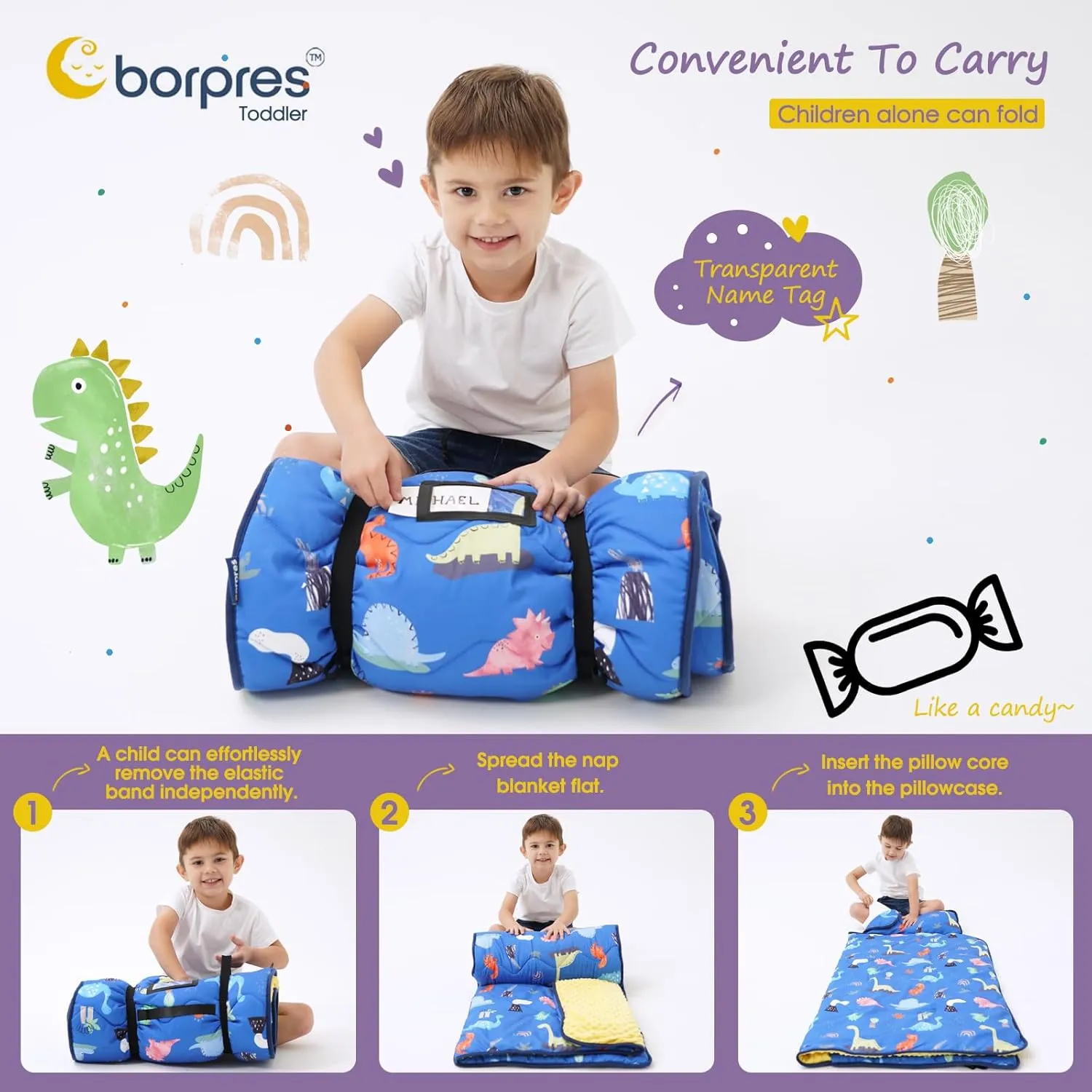 Nap Mat with Pillow Blanket Set: Sleeping Mats for Toddler Kids - Thick Large Roll up Slumber Bag for Daycare Preschool Kindergarten Boys Girls