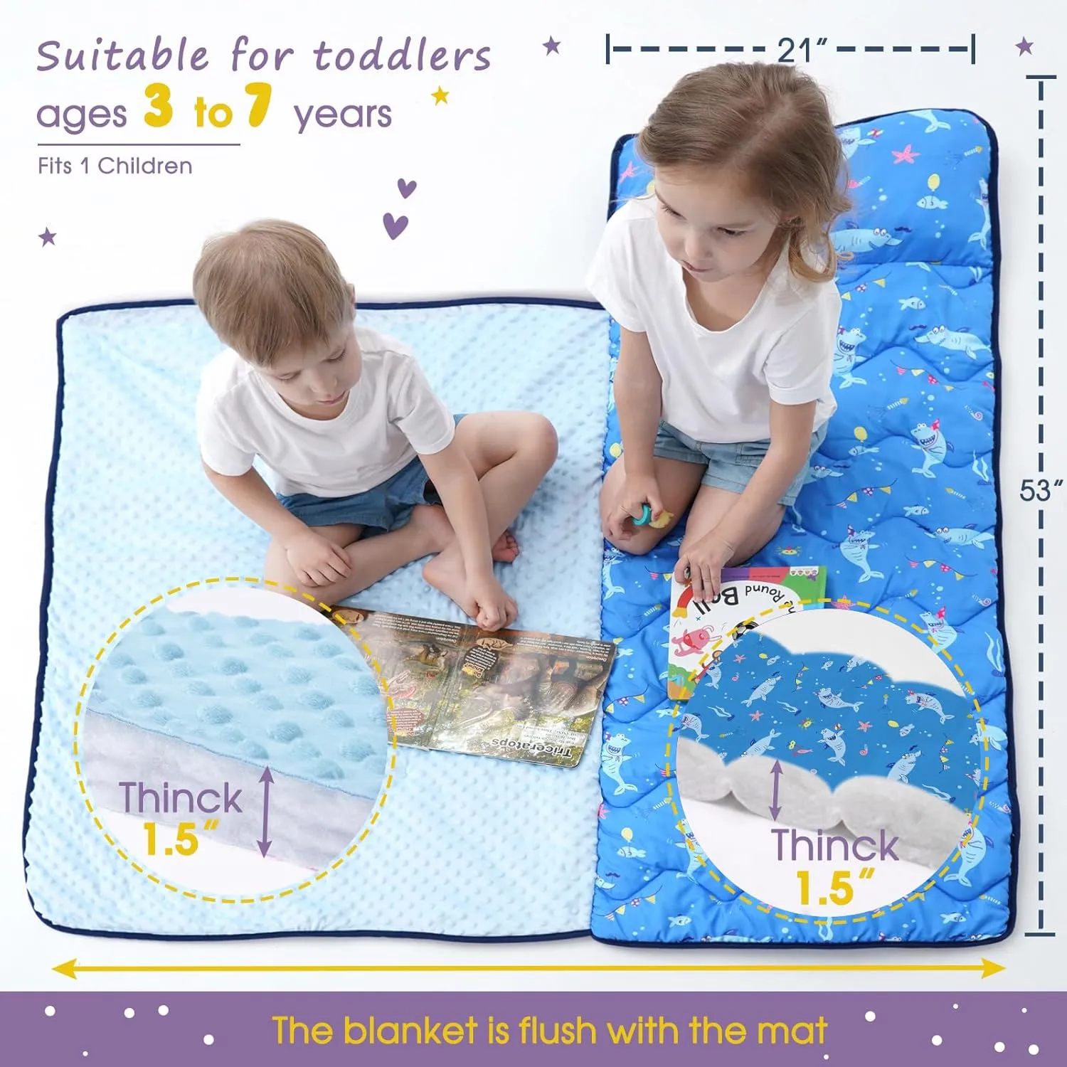 Nap Mat with Pillow Blanket Set: Sleeping Mats for Toddler Kids - Thick Large Roll up Slumber Bag for Daycare Preschool Kindergarten Boys Girls