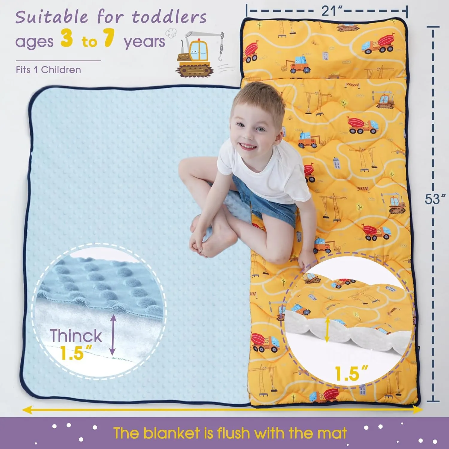 Nap Mat with Pillow Blanket Set: Sleeping Mats for Toddler Kids - Thick Large Roll up Slumber Bag for Daycare Preschool Kindergarten Boys Girls