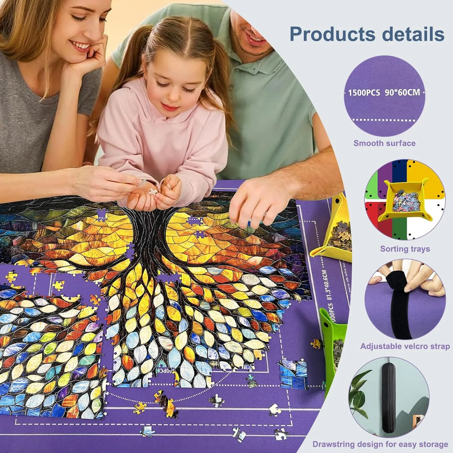 Napzy Puzzle Mat-Jigsaw Puzzles Matt Roll Up to 1500pcs Roll-up Puzzled Board Puzzling Organizers and Storage with 8PCS Jigsaws Sorting Trays, Drawstring Storages Bag Portable Jigsawn Keeper Saver