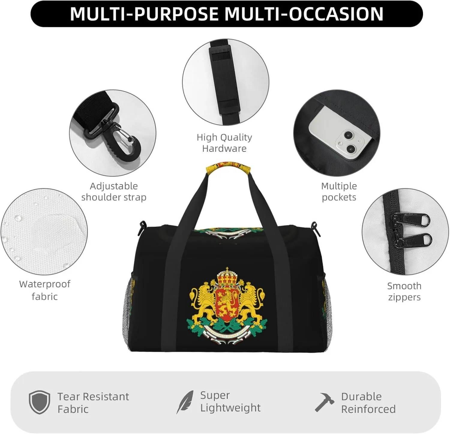 National Emblem Of Bulgaria Travel Duffel Bag Large Foldable Waterproof Overnight Bag For Beach Swim Bags Pool Sports Gym