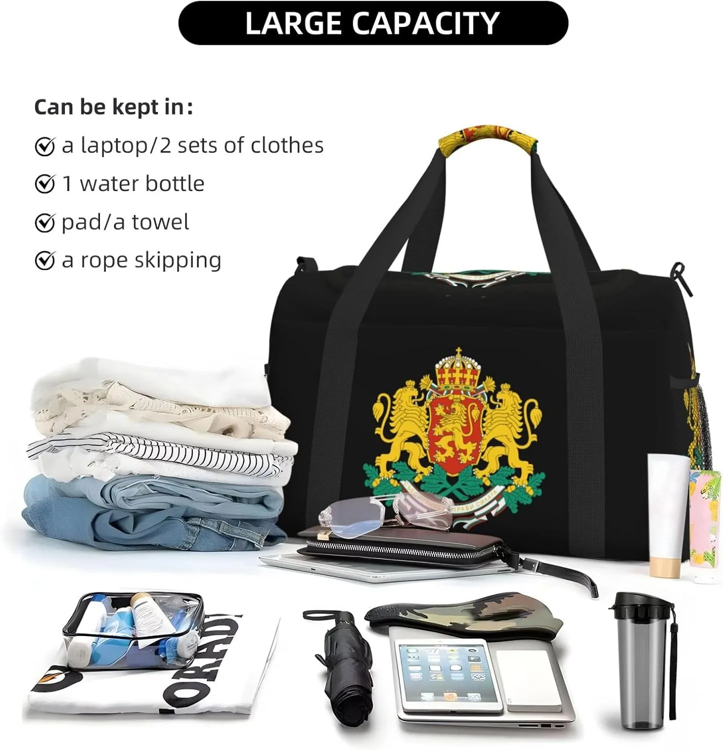 National Emblem Of Bulgaria Travel Duffel Bag Large Foldable Waterproof Overnight Bag For Beach Swim Bags Pool Sports Gym