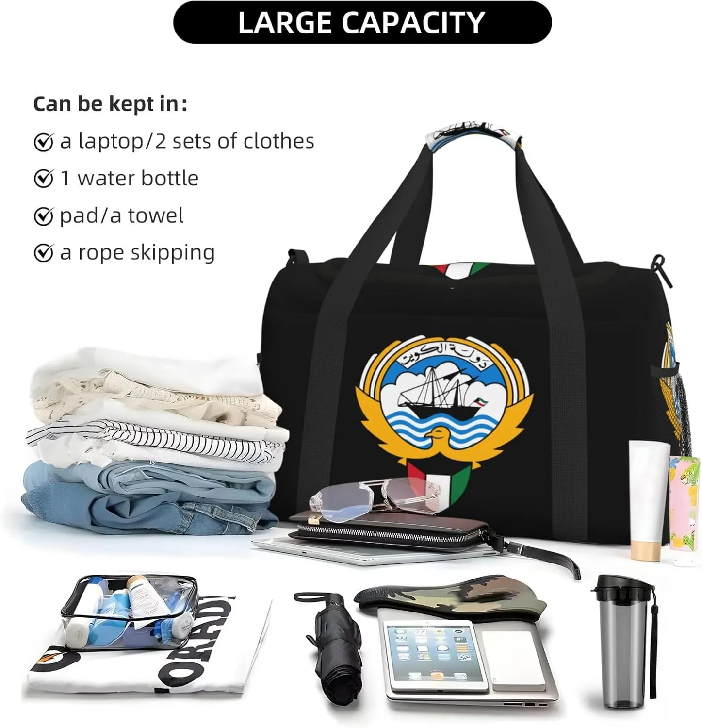 National Emblem Of Kuwait Travel Duffel Bag Large Foldable Waterproof Overnight Bag For Beach Swim Bags Pool Sports Gym