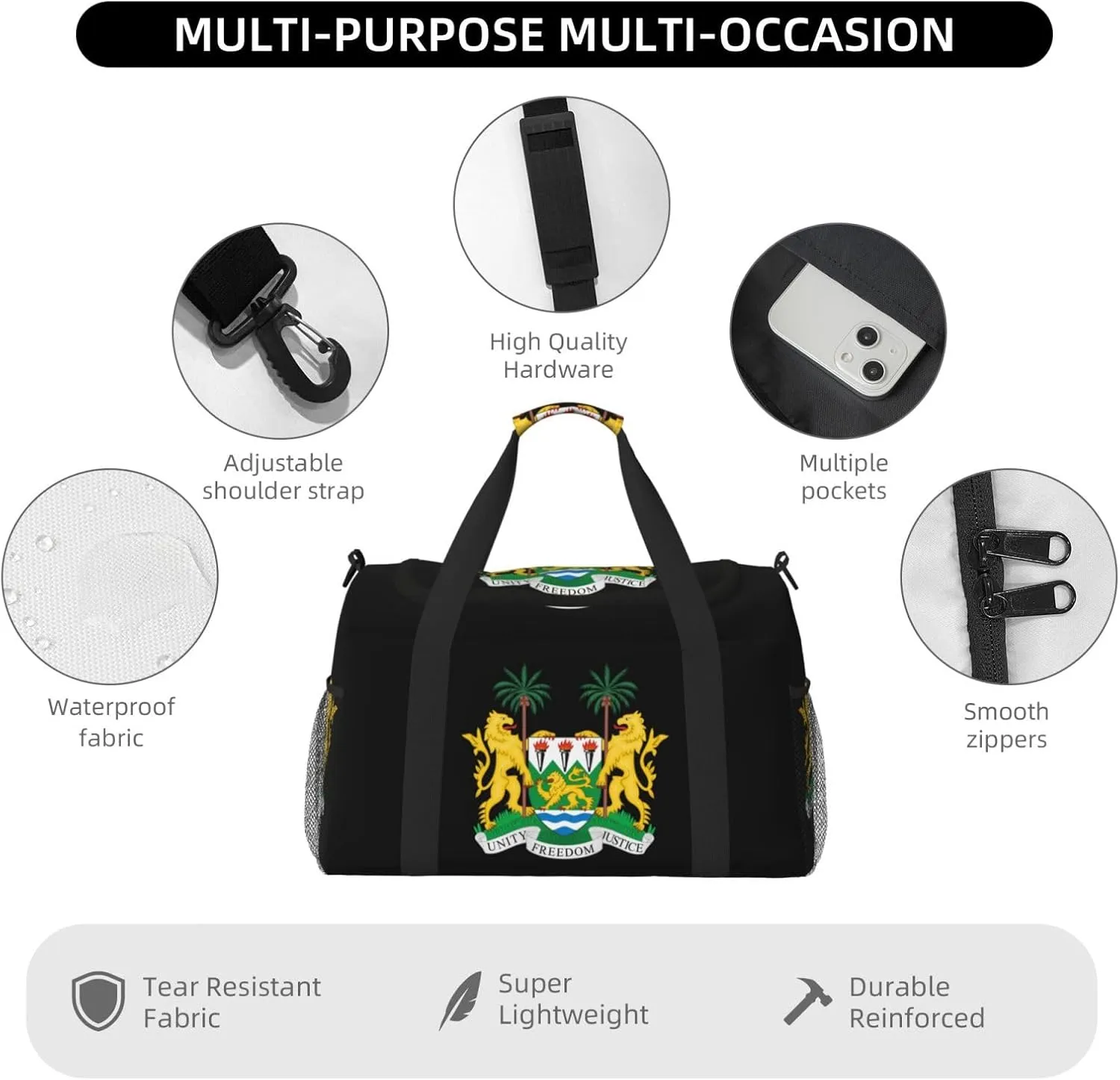 National Emblem Of Sierra Leone Travel Duffel Bag Large Foldable Waterproof Overnight Bag For Beach Swim Bags Pool Sports Gym