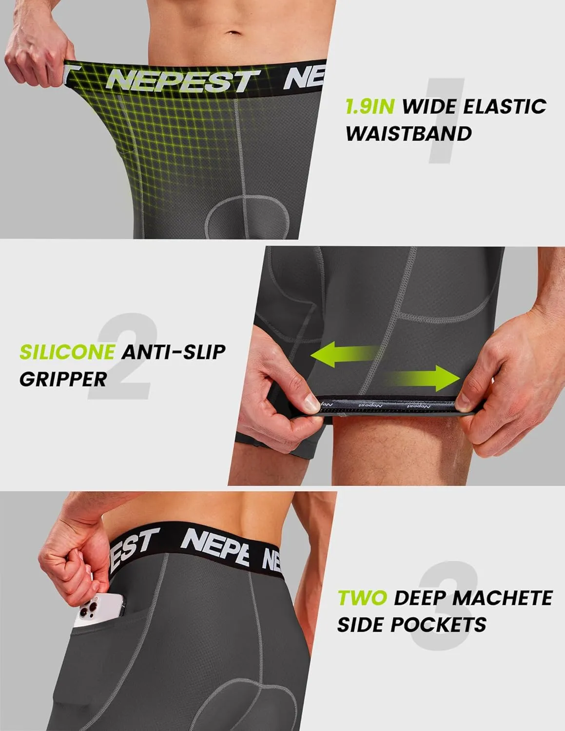 Nepest Cycling Underwear for Men Bike Shorts 4D Padded Biking Road Bicycle Biker MTB Liner Padding Shorts with Pockets