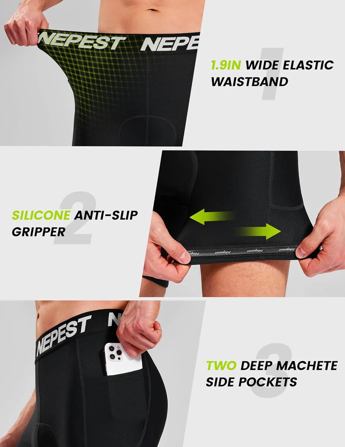 Nepest Cycling Underwear for Men Bike Shorts 4D Padded Biking Road Bicycle Biker MTB Liner Padding Shorts with Pockets