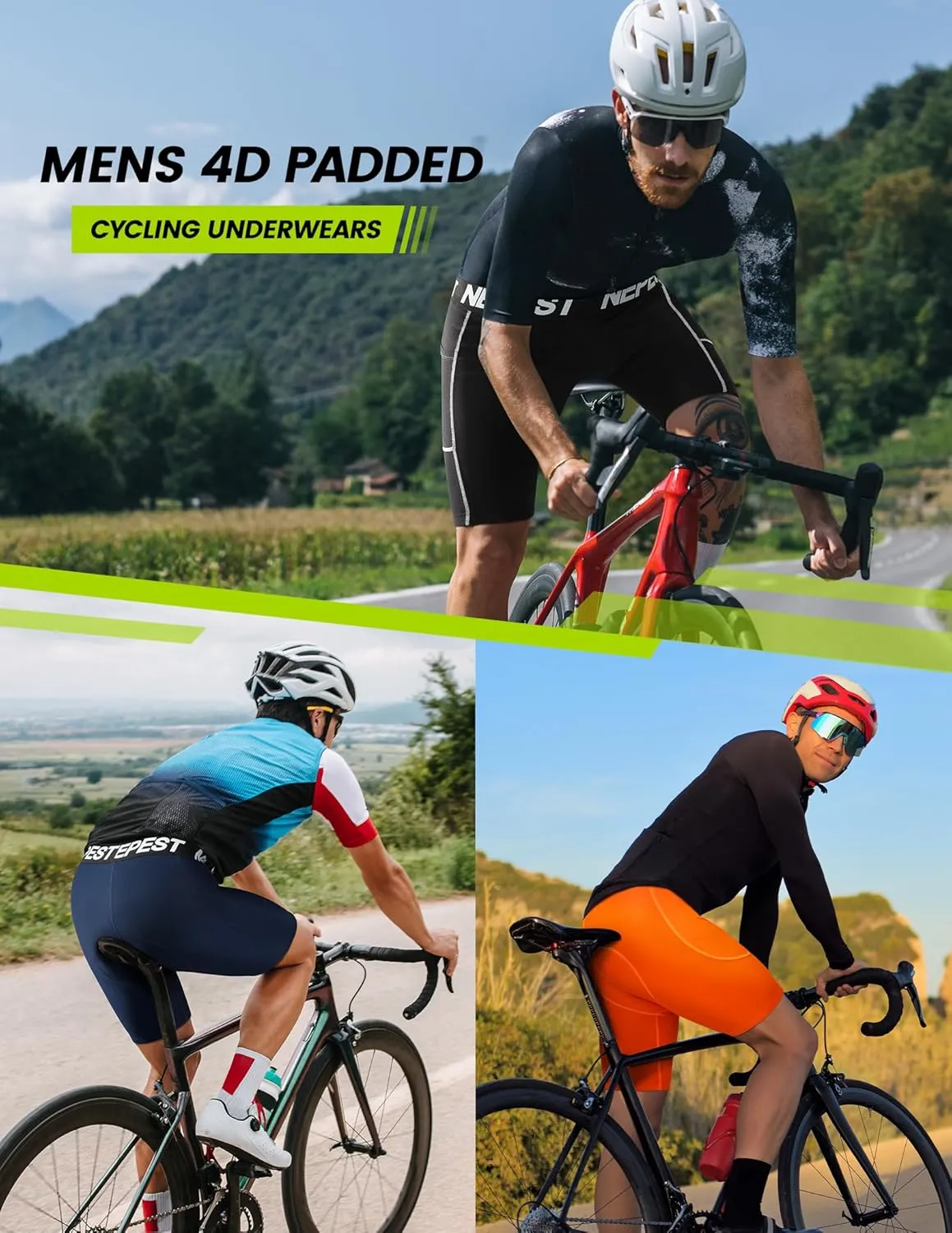 Nepest Cycling Underwear for Men Bike Shorts 4D Padded Biking Road Bicycle Biker MTB Liner Padding Shorts with Pockets