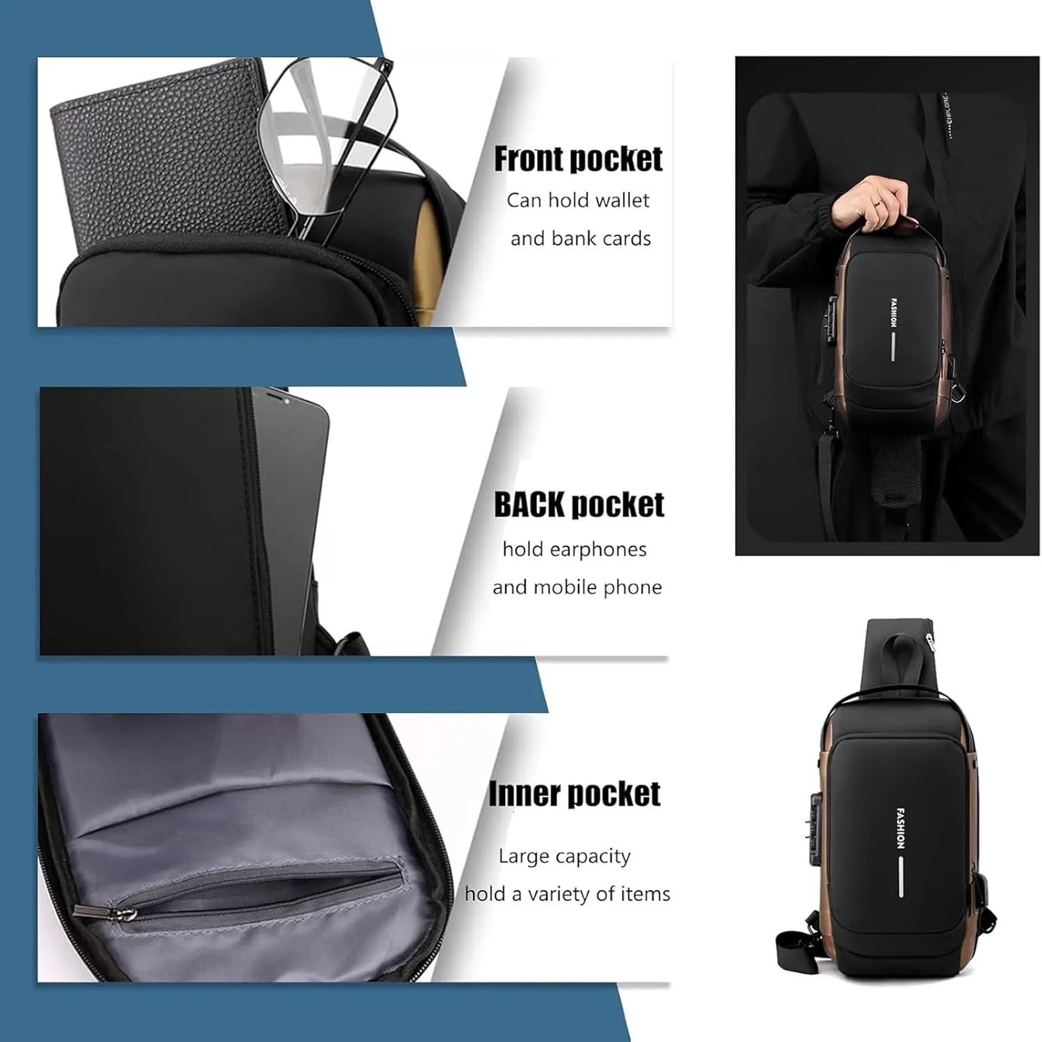 New Carbon Fiber Streamline Anti-Theft Sling Bag, Auricz Sling Bag, Charging Sport Shoulder, Anti-Theft and Waterproof (Gray Gold)