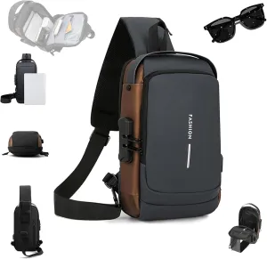 New Carbon Fiber Streamline Anti-Theft Sling Bag, Auricz Sling Bag, Charging Sport Shoulder, Anti-Theft and Waterproof (Gray Gold)