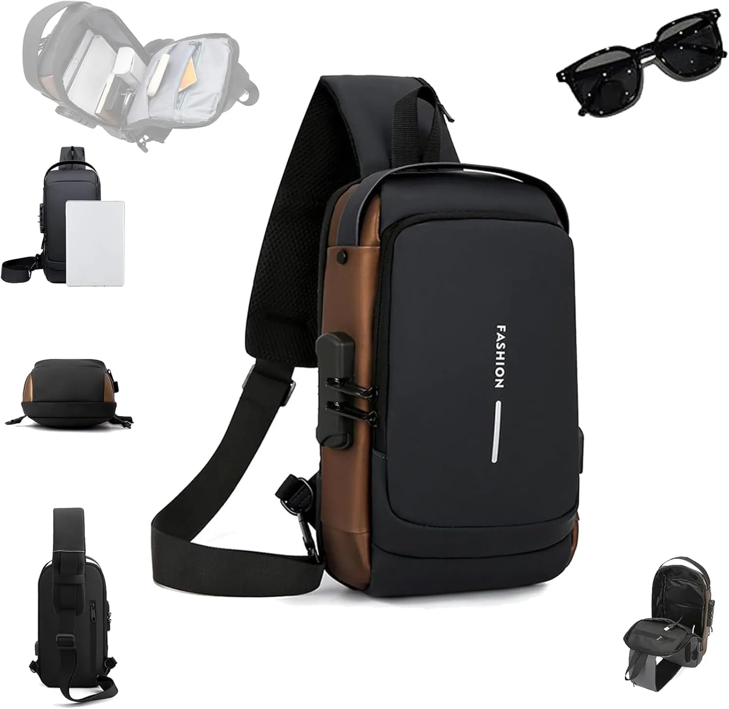 New Carbon Fiber Streamline Anti-Theft Sling Bag, Backpack, Charging Sport Sling Shoulder Bag, Anti-Theft and Waterproof, for Travel, Work (Black Gold)