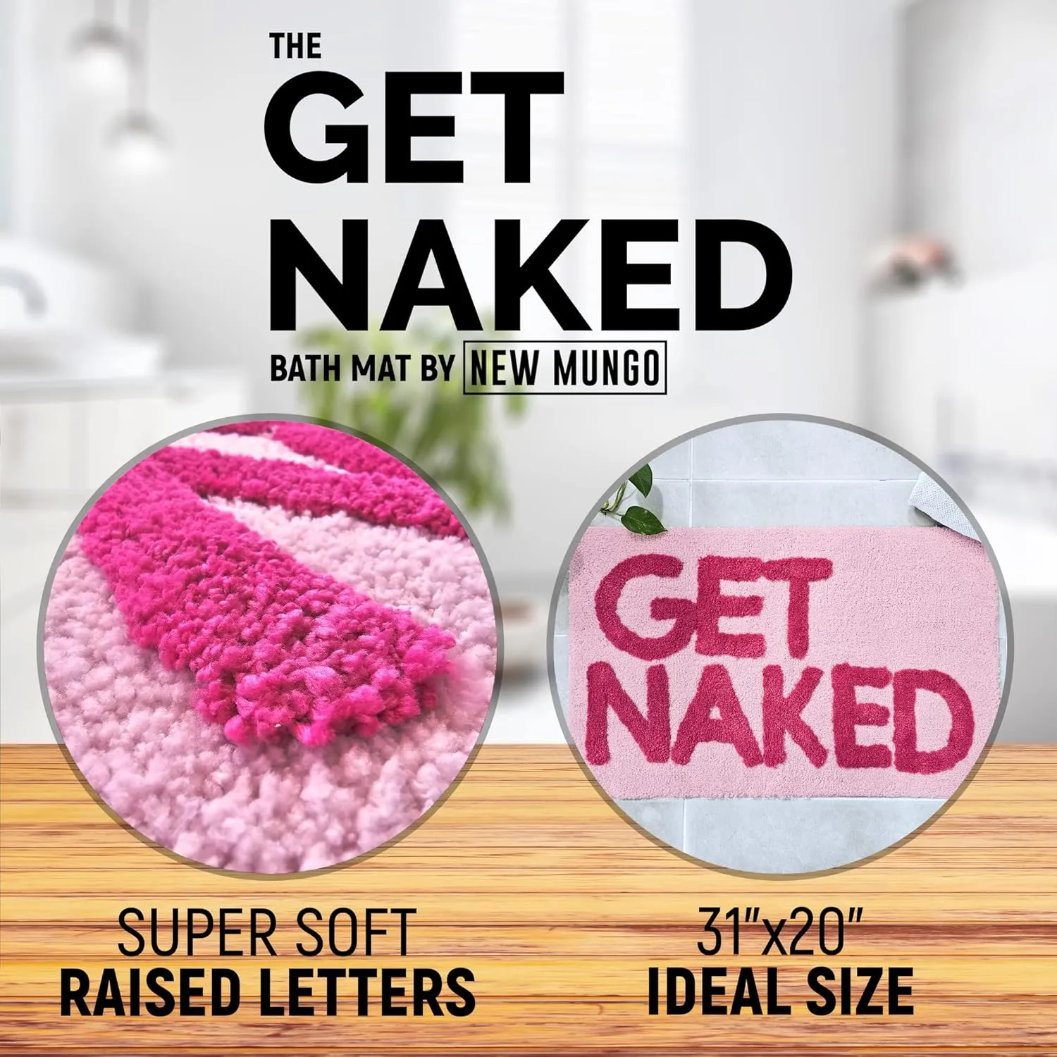 New Mungo Get Naked Bath Mat Pink - Hot Pink Bathroom Rug, 31" x 20"