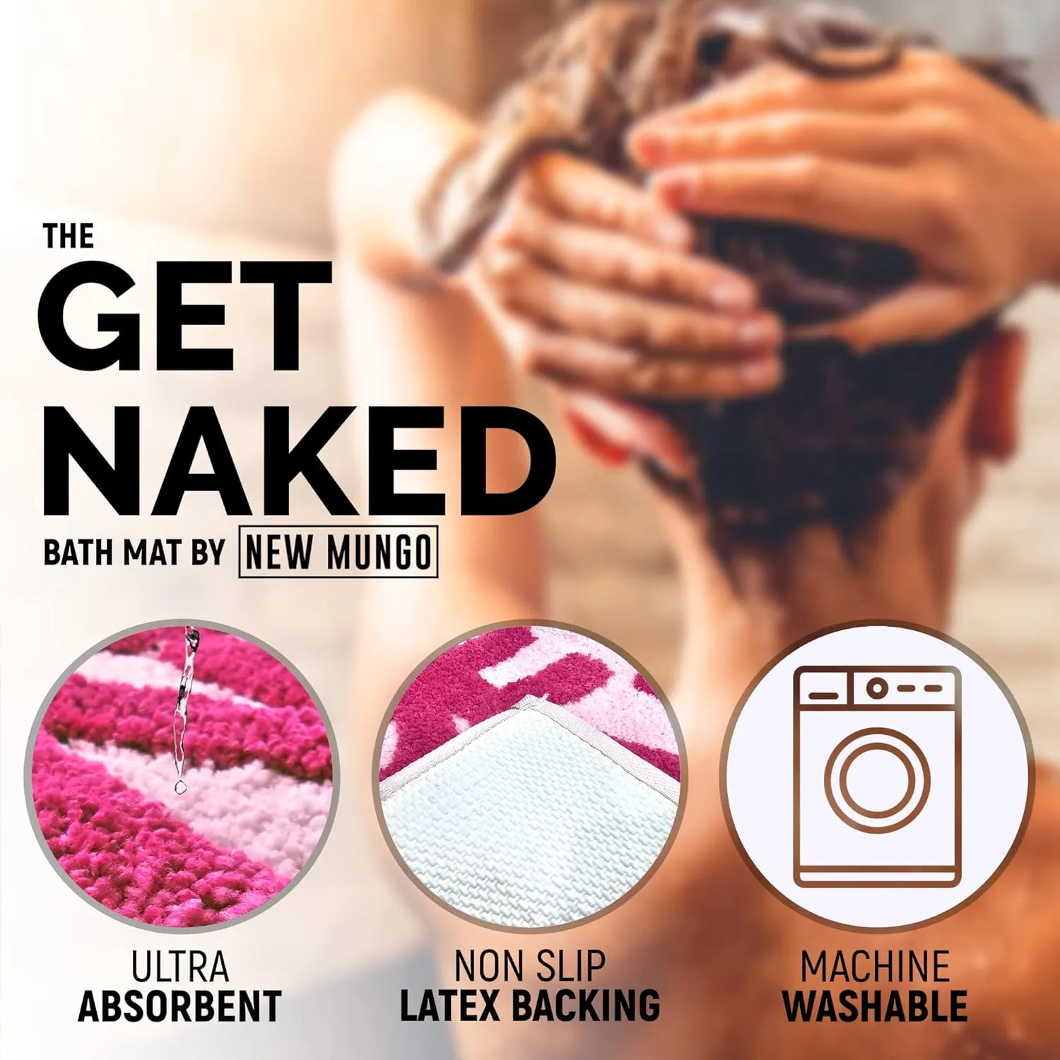 New Mungo Get Naked Bath Mat Pink - Hot Pink Bathroom Rug, 31" x 20"