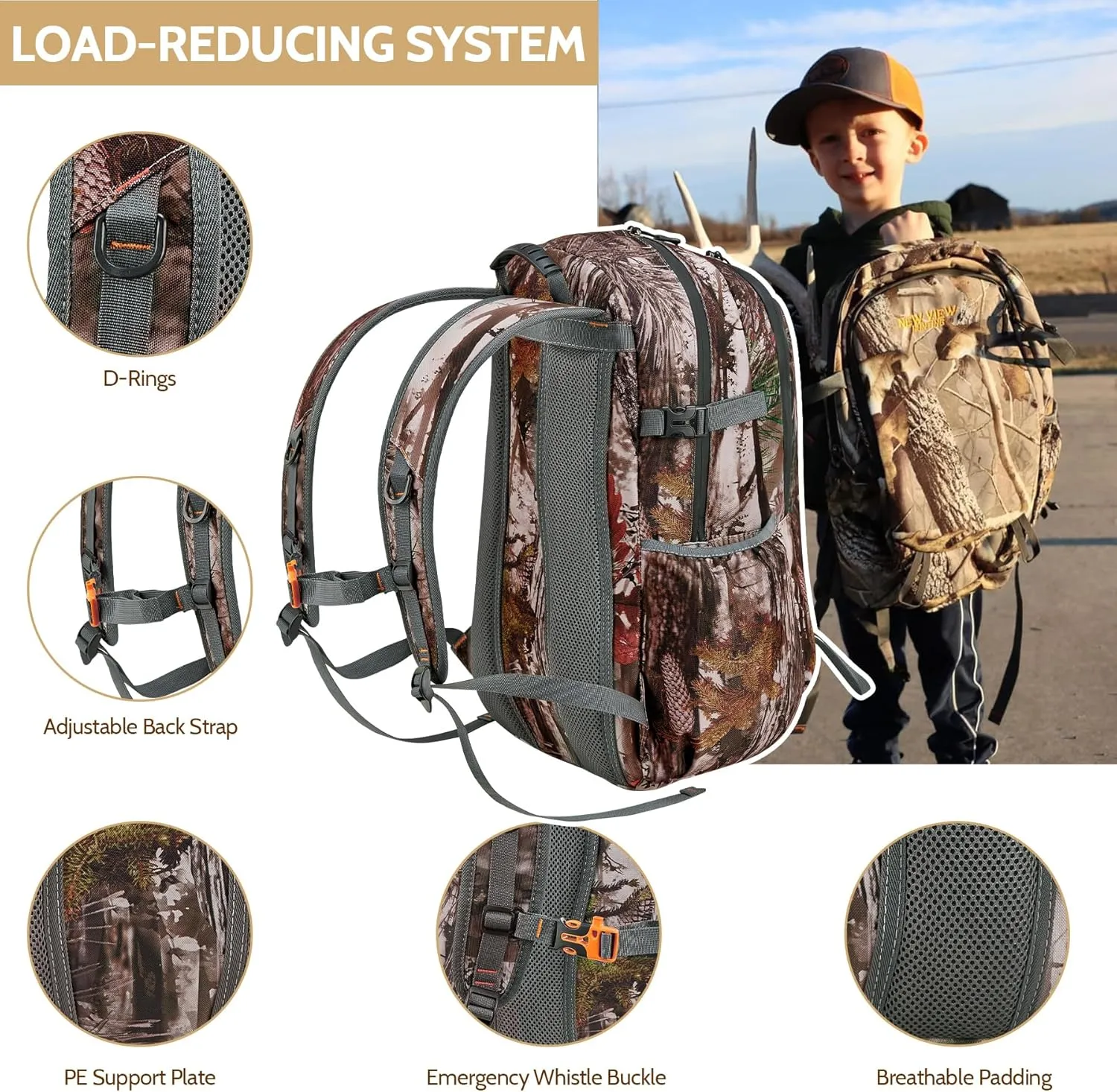 NEW VIEW Hunting Backpack 30L for Kids & Youth, Camo Bag with 11 Pockets, Water Resistant Daypack for Men and Women