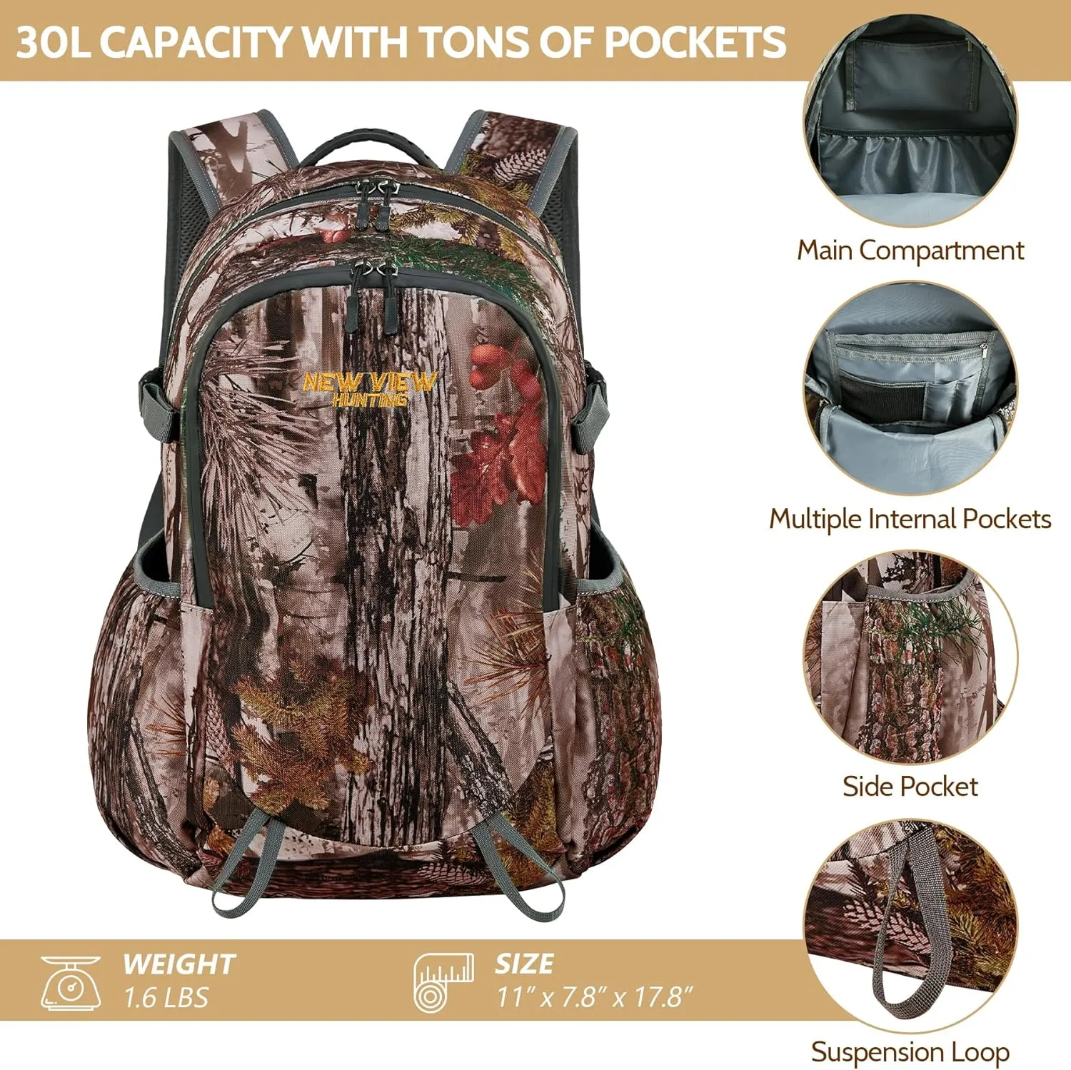 NEW VIEW Hunting Backpack 30L for Kids & Youth, Camo Bag with 11 Pockets, Water Resistant Daypack for Men and Women