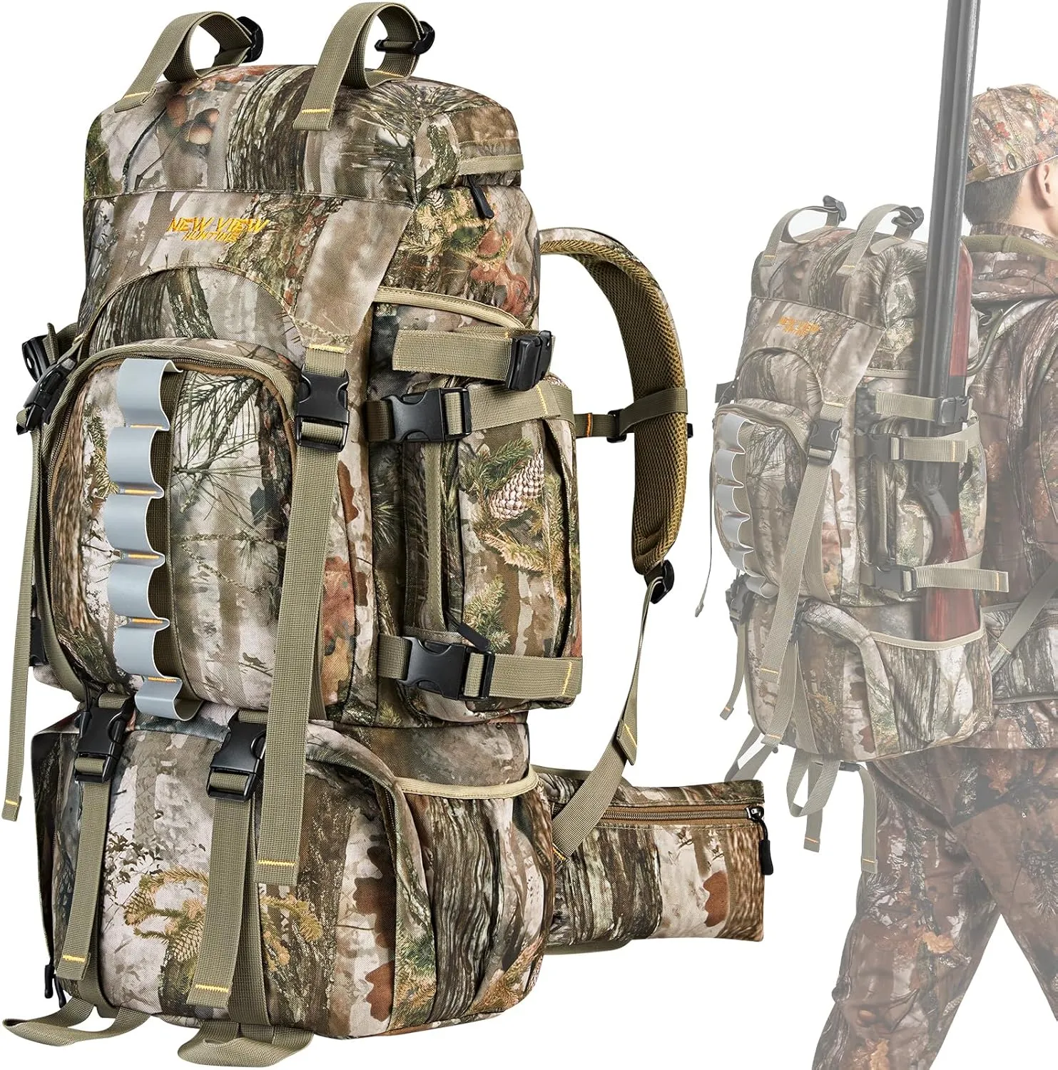 NEW VIEW Hunting Backpacks for Men 60L, Camo Bag for Deer, Elk, Waterproof Daypack with Rain Cover