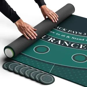 Newverest Blackjack Mat 70" x 35", Blackjack Table Top for Home Game Nights with Friends | Black Jack Casino Table Topper, Poker Mat Layout in Zipper Storage Bag with 8 Coasters in Gift-Ready Box