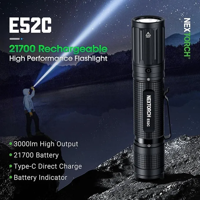 NEXTORCH E52C Rechargeable Flashlight High Lumen, 3000 Lumen Tactical Flashlight with 3 Mode & Strobe for Outdoor Hiking, Daily Overhaul, Camping, Proximity Finding, Urban Commuting, Emergency Defense