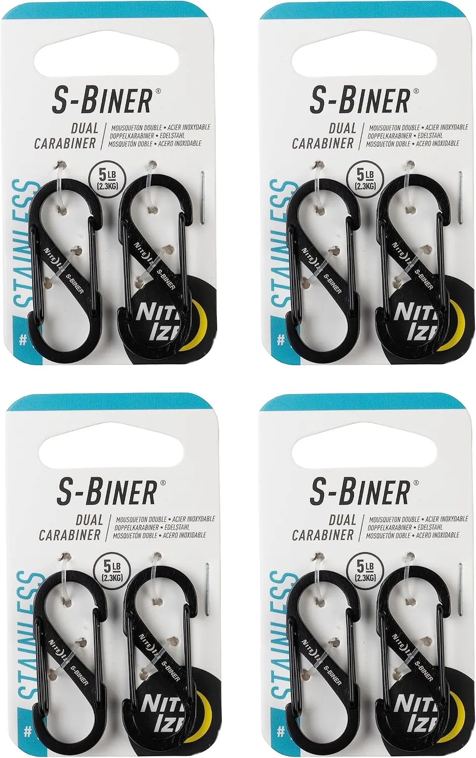 Nite Ize S-Biner Stainless Steel Dual Carabiner - Double Sided Carabiner Clip - Dual Carabiner Holder for Keys, Water Bottles & Gear - Size 1, Black, 8 Count (4 Pack)