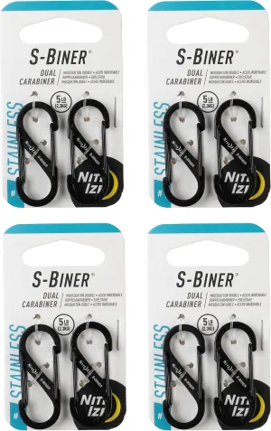 Nite Ize S-Biner Stainless Steel Dual Carabiner - Double Sided Carabiner Clip - Dual Carabiner Holder for Keys, Water Bottles & Gear - Size 1, Black, 8 Count (4 Pack)