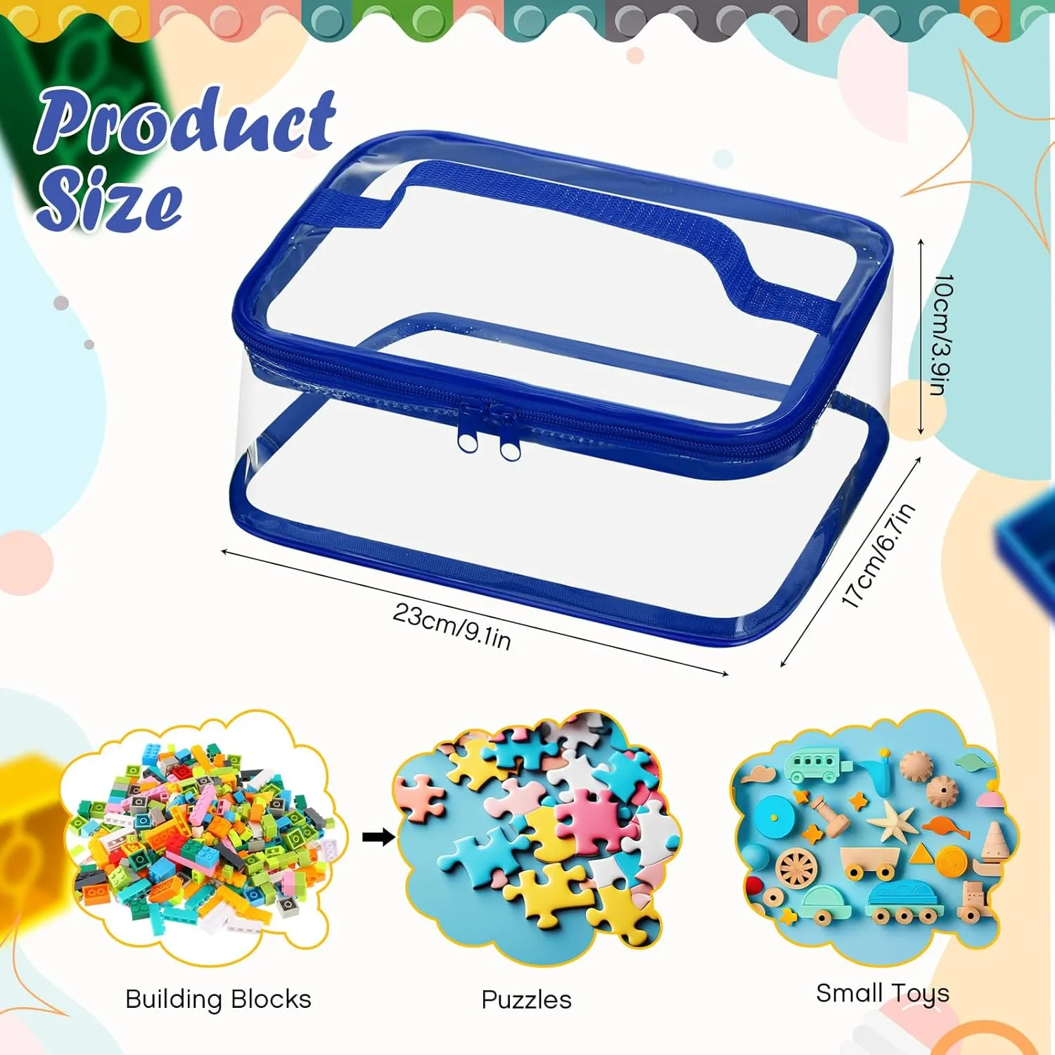 Nitial 3 Packs Small Clear Toy Storage Bags, PVC Toy Storage Bags with Zipper Handle, Waterproof Transparent Container for Small Toys, Building Blocks and Board Games(Red, Blue, Green)