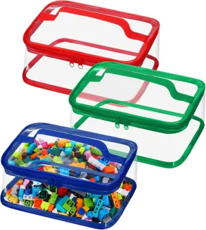 Nitial 3 Packs Small Clear Toy Storage Bags, PVC Toy Storage Bags with Zipper Handle, Waterproof Transparent Container for Small Toys, Building Blocks and Board Games(Red, Blue, Green)