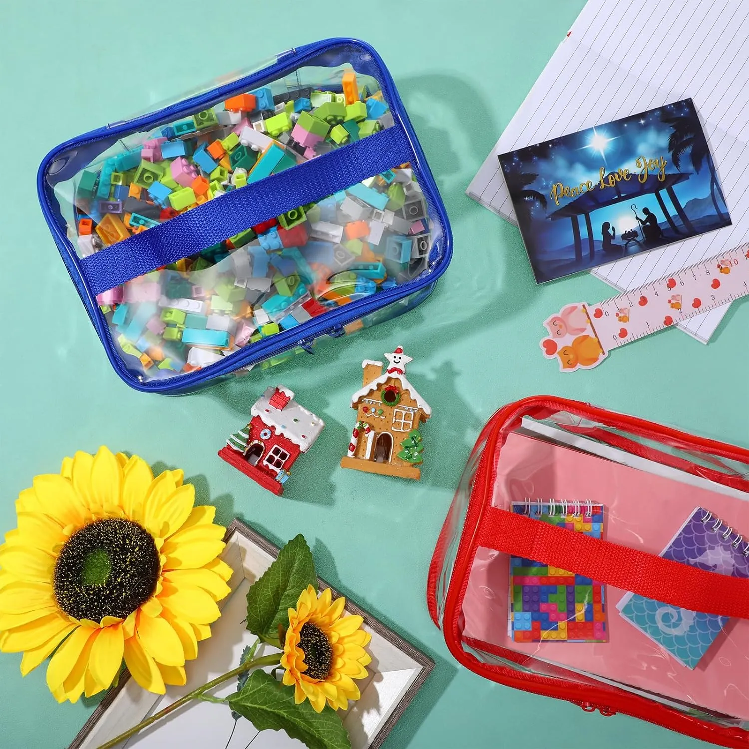 Nitial 3 Packs Small Clear Toy Storage Bags, PVC Toy Storage Bags with Zipper Handle, Waterproof Transparent Container for Small Toys, Building Blocks and Board Games(Red, Blue, Green)