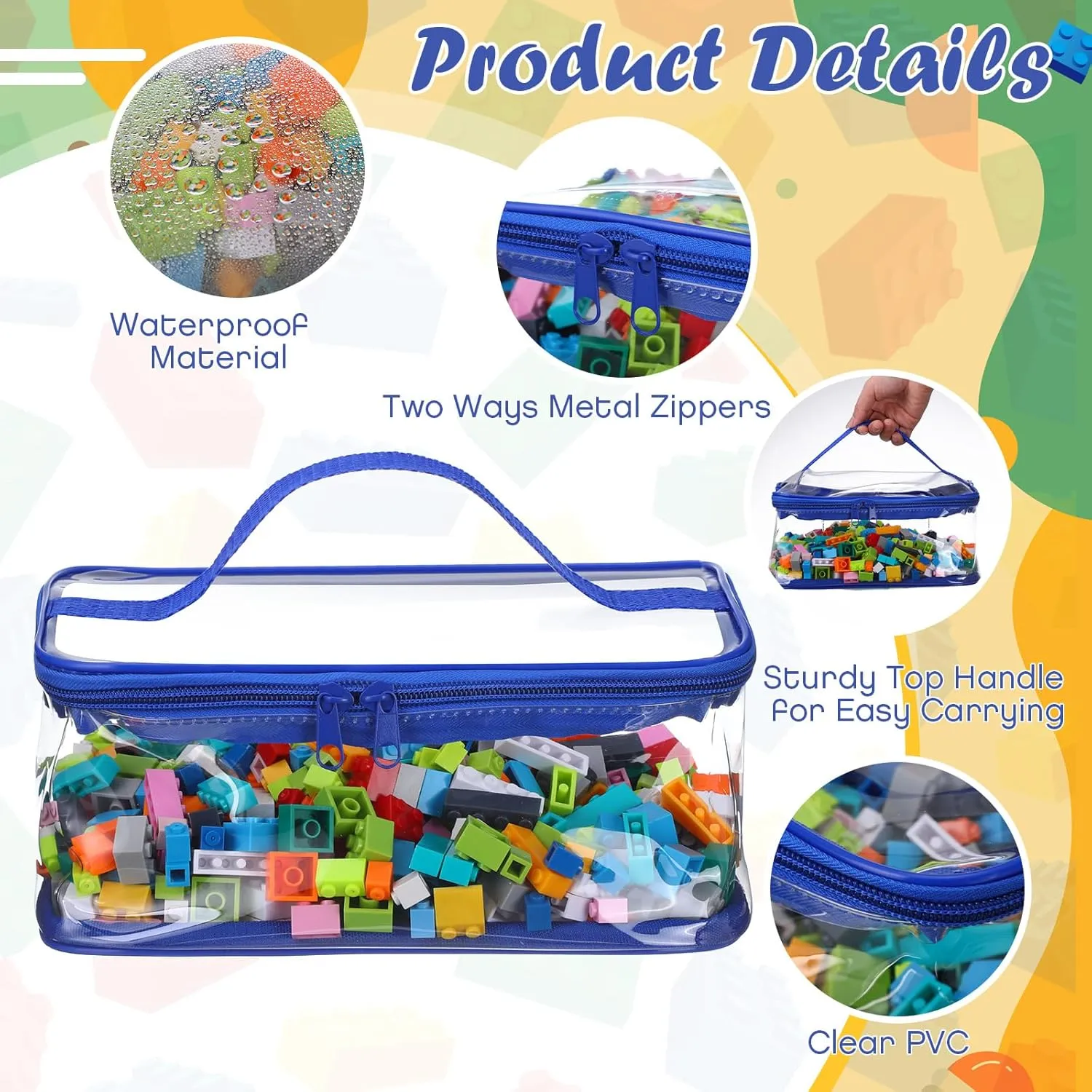 Nitial 3 Packs Small Clear Toy Storage Bags, PVC Toy Storage Bags with Zipper Handle, Waterproof Transparent Container for Small Toys, Building Blocks and Board Games(Red, Blue, Green)