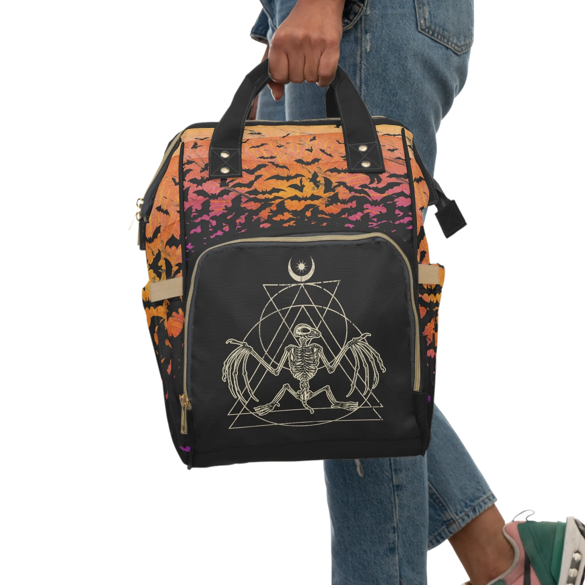 Occult Bat Skeleton Multifunctional Diaper Backpack - Orange   Black