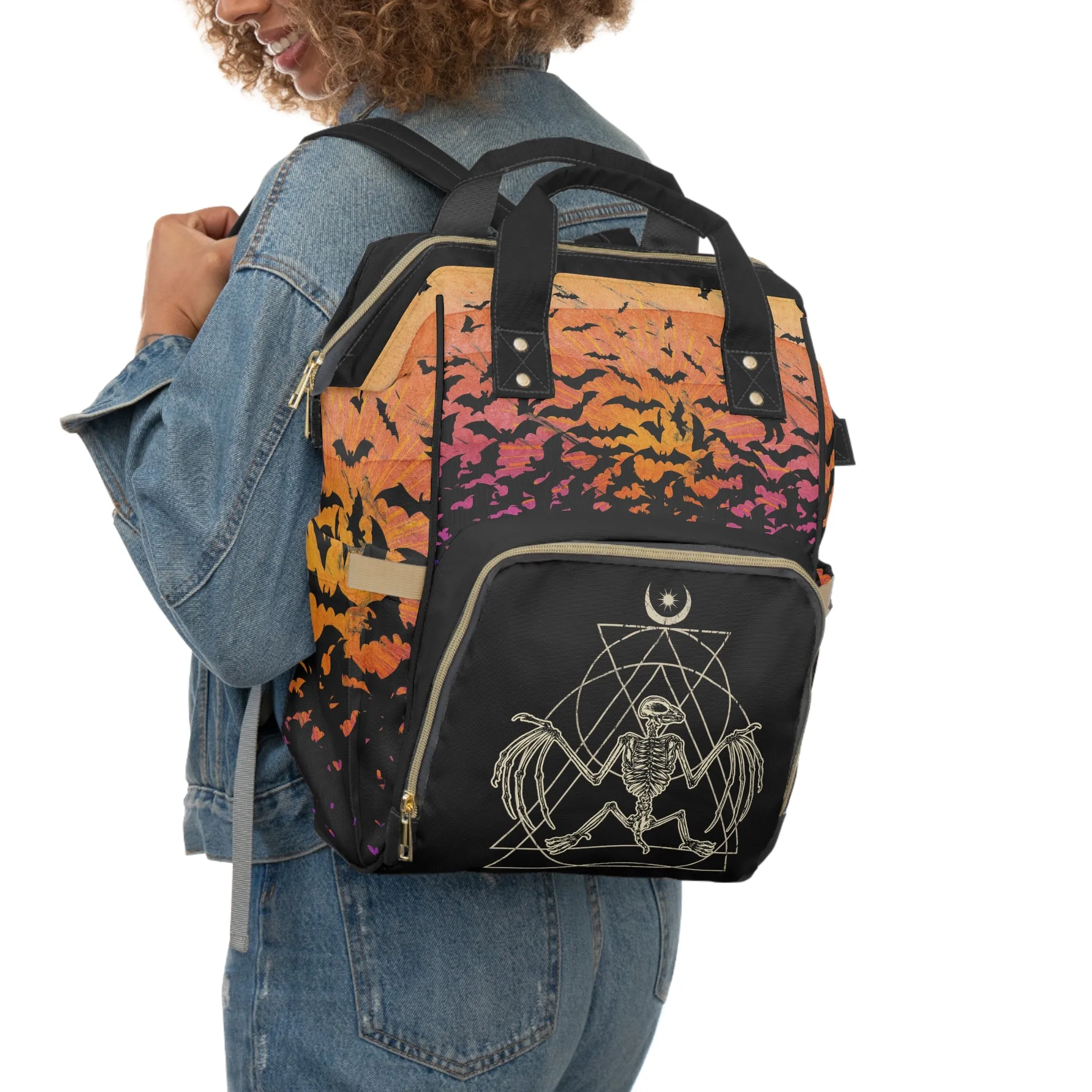 Occult Bat Skeleton Multifunctional Diaper Backpack - Orange   Black