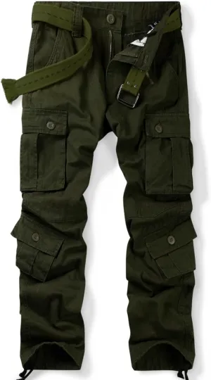 OCHENTA Men's Cotton Casual Cargo Work Pants Baggy Camo Tactical Combat Trousers with 8 Pockets (No Belt)