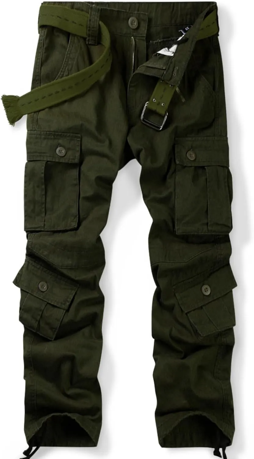 OCHENTA Men's Cotton Casual Cargo Work Pants Baggy Camo Tactical Combat Trousers with 8 Pockets (No Belt)