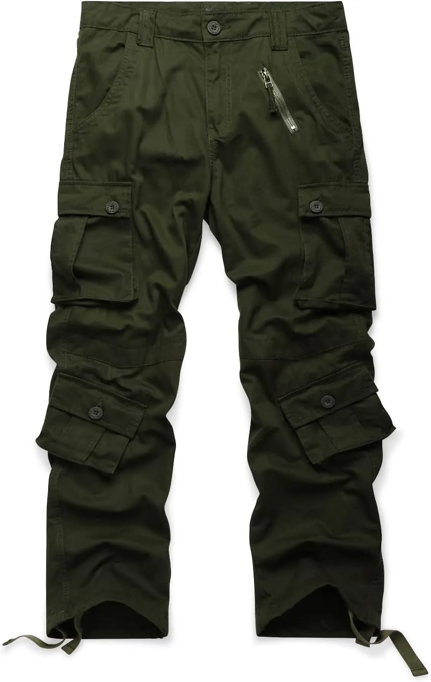 OCHENTA Men's Cotton Casual Cargo Work Pants Baggy Camo Tactical Combat Trousers with 8 Pockets (No Belt)