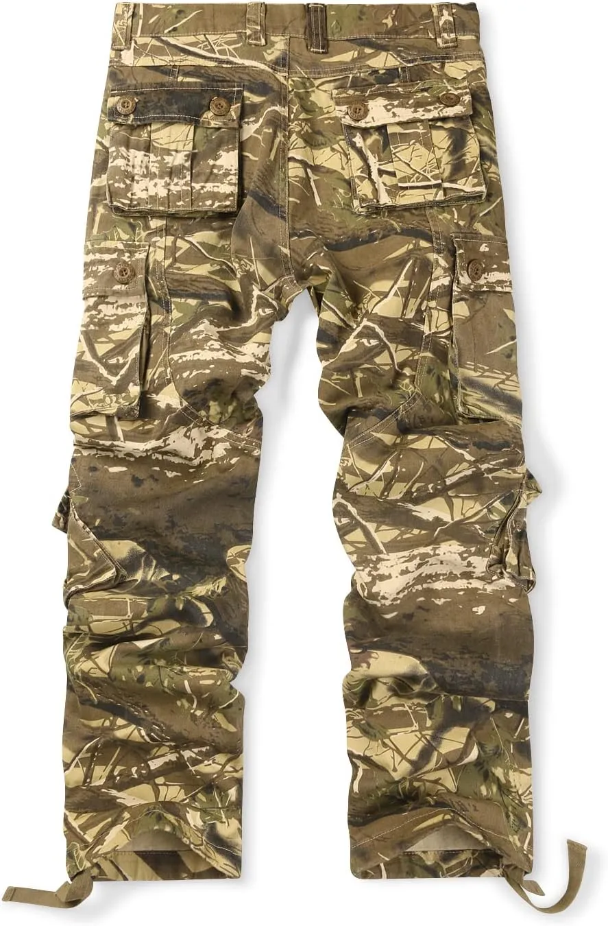 OCHENTA Men's Cotton Casual Cargo Work Pants Baggy Camo Tactical Combat Trousers with 8 Pockets (No Belt)