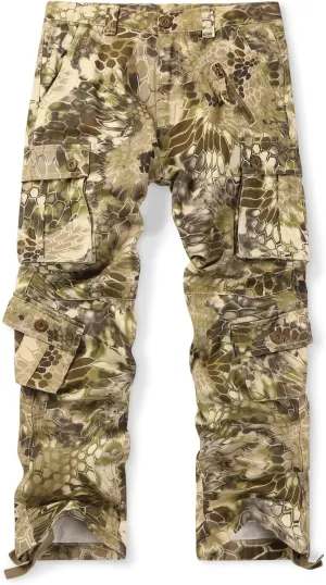 OCHENTA Men's Cotton Casual Cargo Work Pants Baggy Camo Tactical Combat Trousers with 8 Pockets (No Belt)