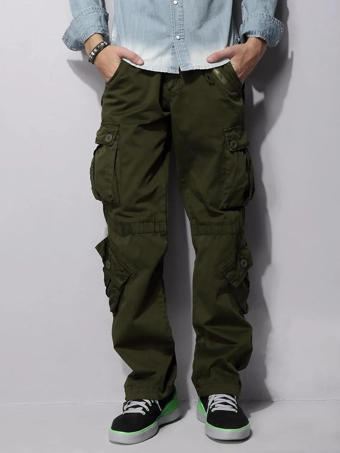 OCHENTA Men's Cotton Casual Cargo Work Pants Baggy Camo Tactical Combat Trousers with 8 Pockets (No Belt)