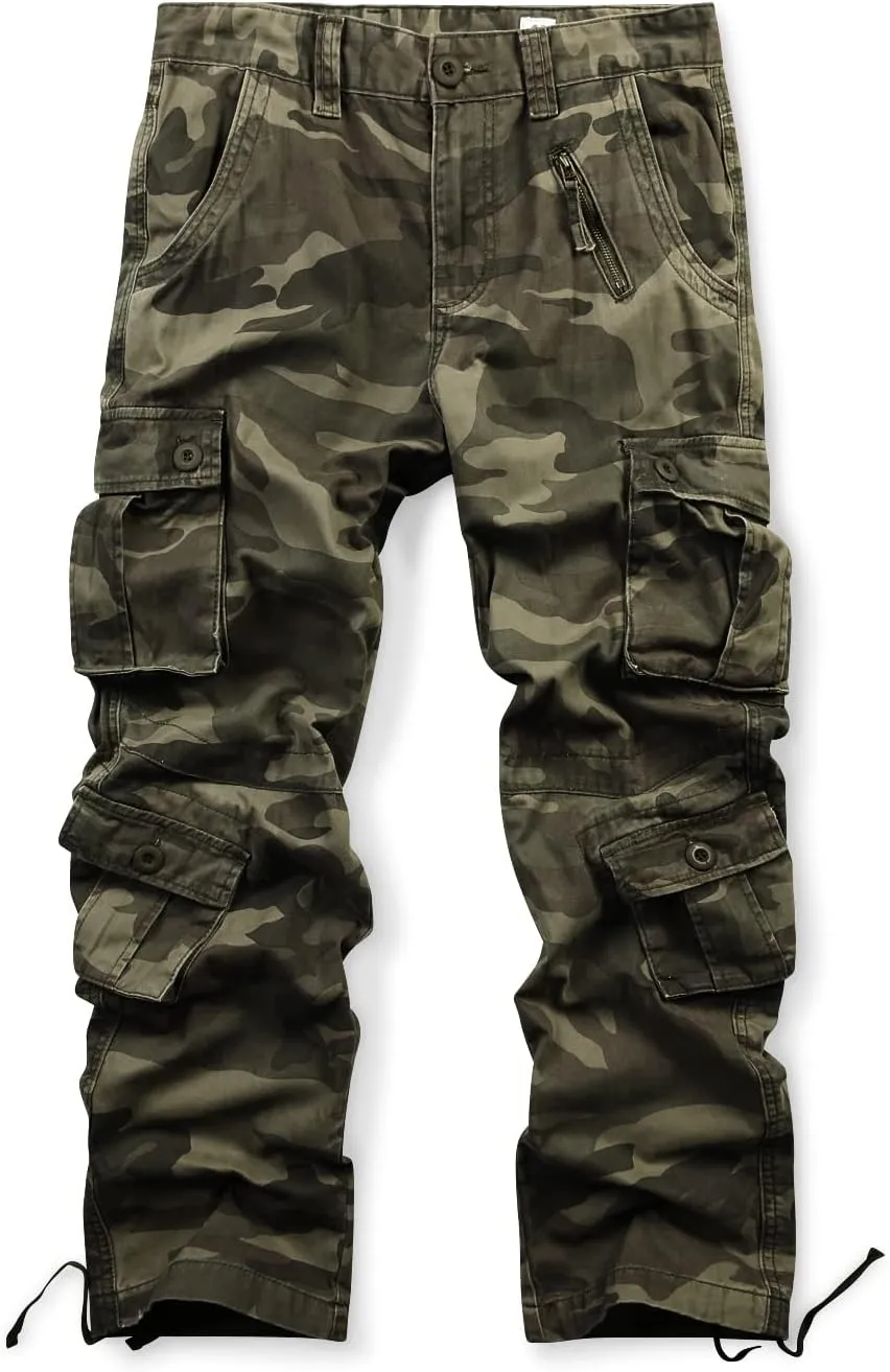 OCHENTA Men's Cotton Casual Cargo Work Pants Baggy Camo Tactical Combat Trousers with 8 Pockets (No Belt)