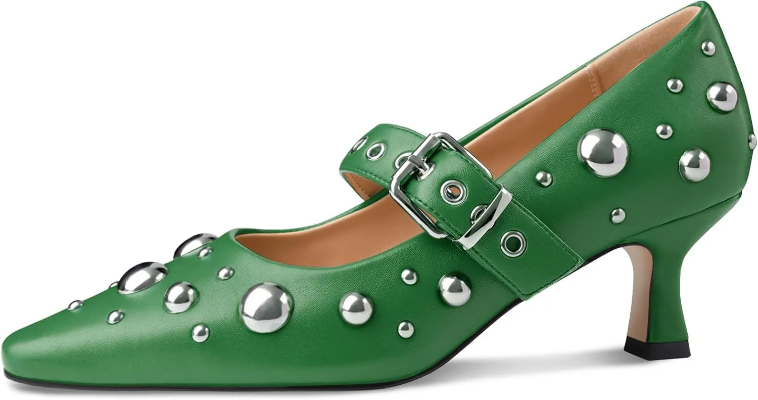 Oh Mispares Women’s Pointed Toe Pumps Mary Jane Kitten Heel Closed Toe Dress Shoes Studded Strap Buckle 2 Inches Wedding Prom Business